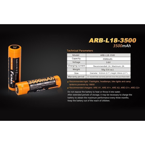 Акумулятор 18650 Fenix 3500 mAh (1 штука)