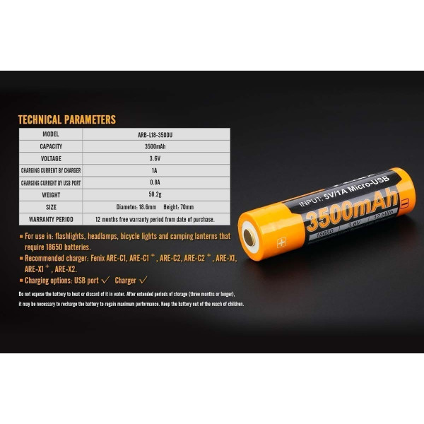 Акумулятор 18650 Fenix (3500 mAh) micro usb зарядка
