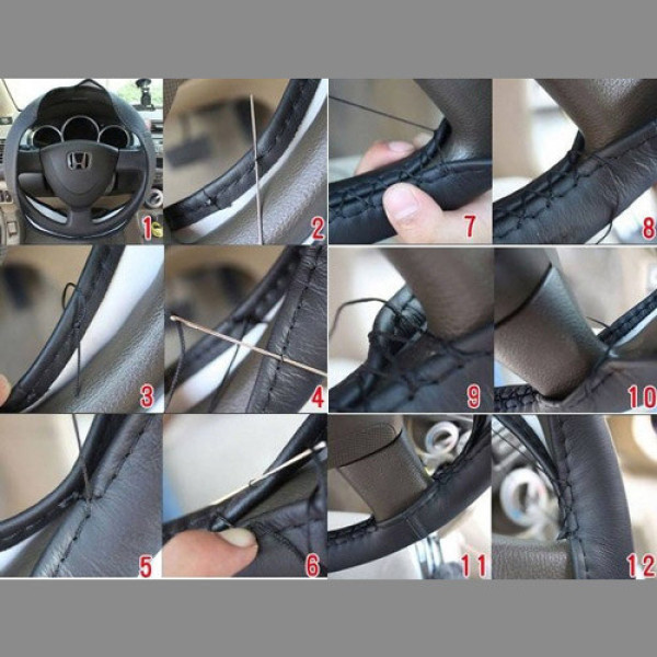 Оплетка чохол на кермо з кожзаму 37-38см з обтяжкою, чорний, нитка та голка в комплекті