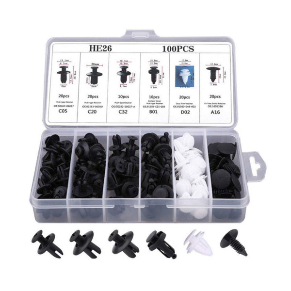 Набір автомобільних кріплень 100 шт, універсальні пістони та кліпси для обшивки й бампера