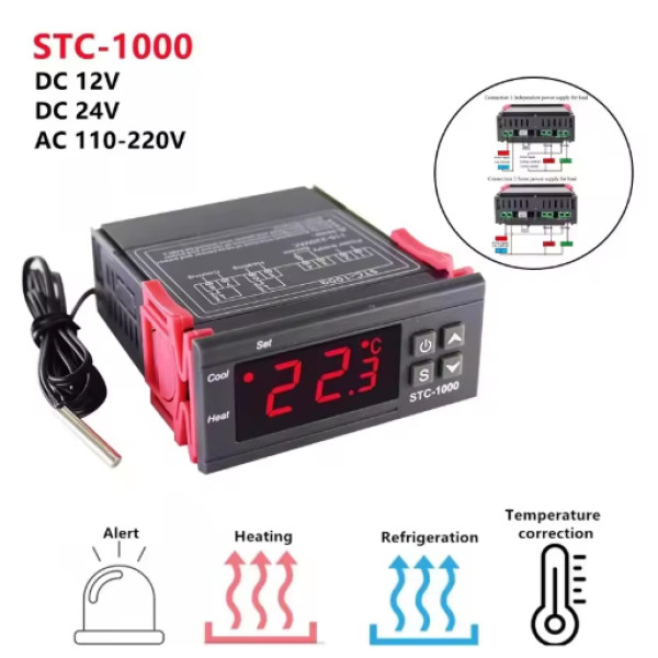 Терморегулятор STC-1000 цифровий 220В, 2 реле 10А, термостат із датчиком температури -50~99°C