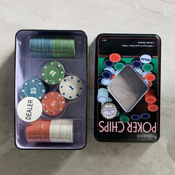 Набір фішок для покеру 100шт з номіналом та фішкою дилера в металевій коробці для гри вдома