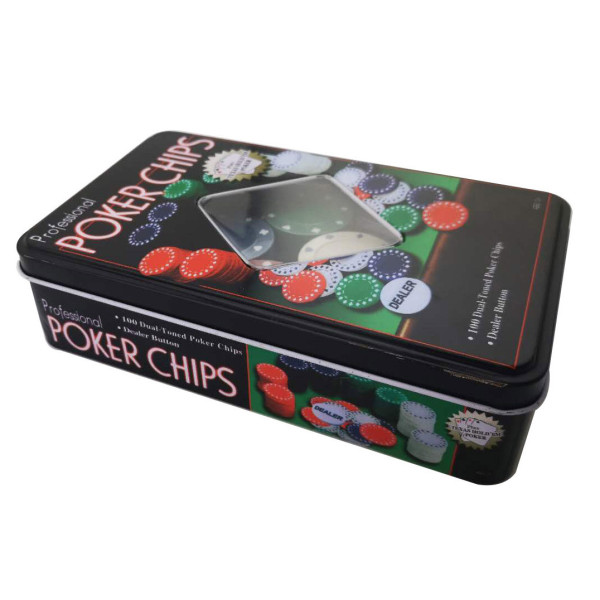Набір фішок для покеру 100шт з номіналом та фішкою дилера в металевій коробці для гри вдома