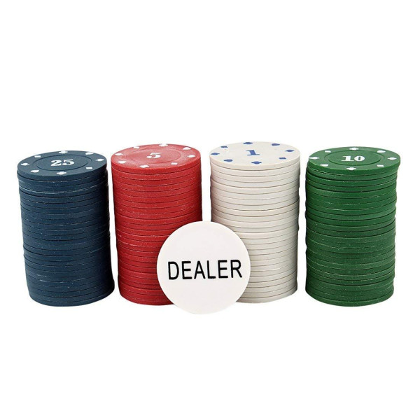 Набір фішок для покеру 100шт з номіналом та фішкою дилера в металевій коробці для гри вдома