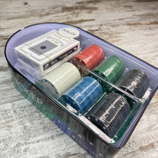 Набір для покеру: 2 колоди, 120 фішок з номіналом, сукно, металева коробка