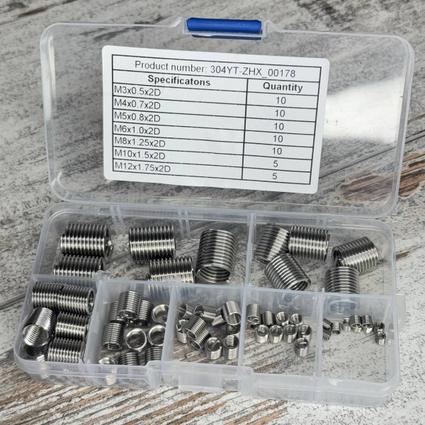 Набір різьбових вставок 60 шт у кейсі — футорки (ввертиші) з нержавіючої сталі M3–M12 для ремонту різьби