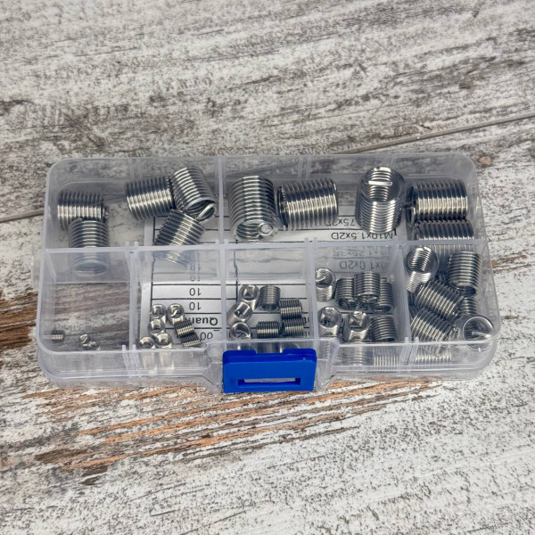 Набір різьбових вставок 60 шт у кейсі — футорки (ввертиші) з нержавіючої сталі M3–M12 для ремонту різьби