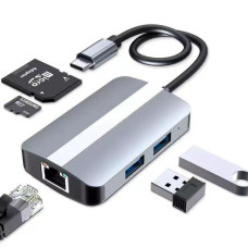 USB 3.0 Type-C адаптер RJ45 Ethernet LAN + хаб 2x USB 2.0/3.0, кардрідер SD/TF універсальний