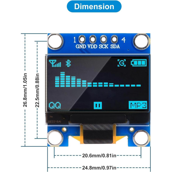Дисплей OLED SSD1306 I2C 4pin 0.96" 128x64 графічний для Arduino синьо-жовтий