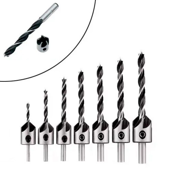 Набір свердел із зенківкою 7шт 3–10мм, циліндричні, HSS сталь для дерева, пластику, металу