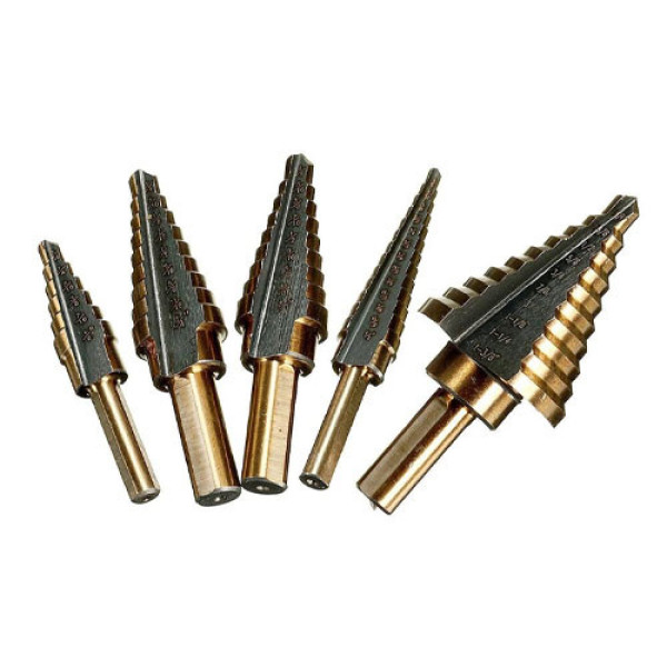 Набір ступінчастих свердел 5шт, 3.2-34.9мм, спіральні, 3-гранні, сталь HSS