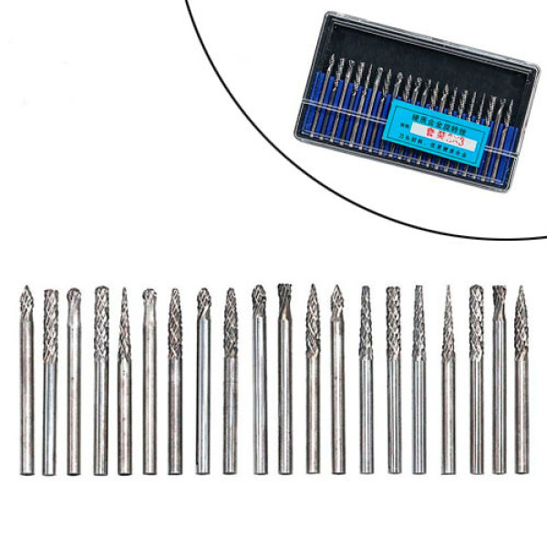 Набір борфрез по металу 20шт, хвостовик 3мм, твердосплавні (карбід вольфраму), для гравера
