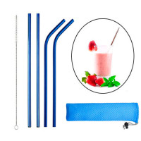Набір металевих соломинок 4шт еко трубочки багаторазові для напоїв синій з йоржиком