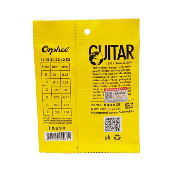 Струни Orphee TX630 для акустичної гітари, набір 6 шт, 11-52, 0.28–1.32 мм, фосфорна бронза