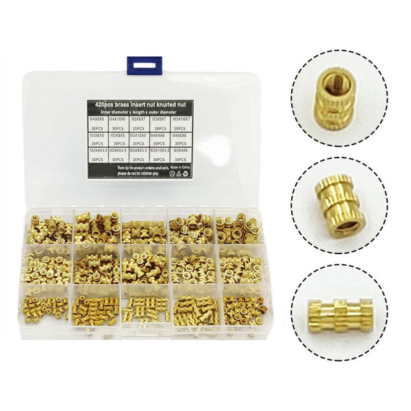 Набір закладних гайок з накаткою 420 шт, латунні гайки з внутрішньою різьбою комплект