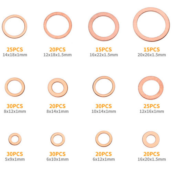 Набір мідних ущільнювальних кілець 280шт 12 видів шайб для ремонту та техніки
