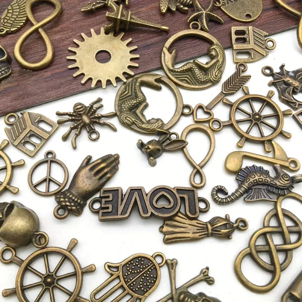 Набір металевих підвісок 100г, шарми шарміки, змішані, бронза, для творчості та рукоділля