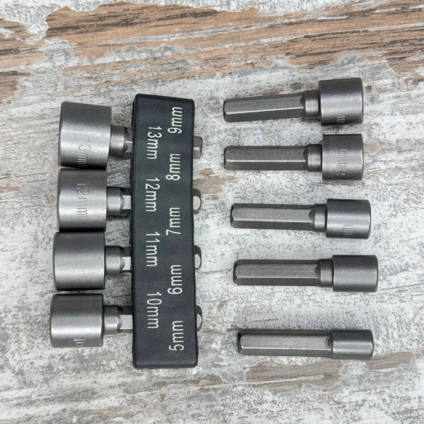 Набір торцевих головок 9шт 5-13мм, 1/4 для шуруповерта, насадки для болтів і гайок