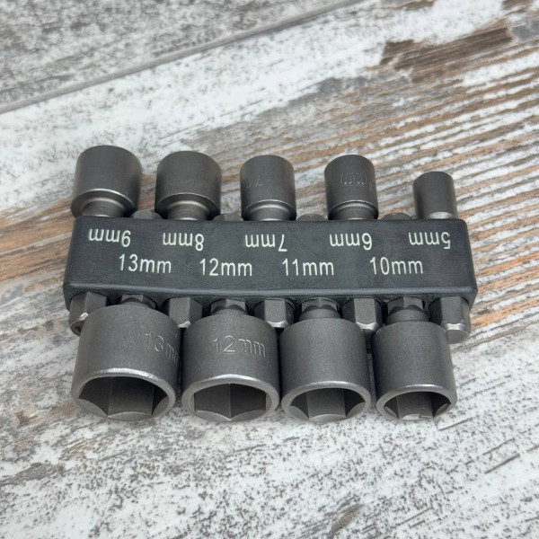 Набір торцевих головок 9шт 5-13мм, 1/4 для шуруповерта, насадки для болтів і гайок