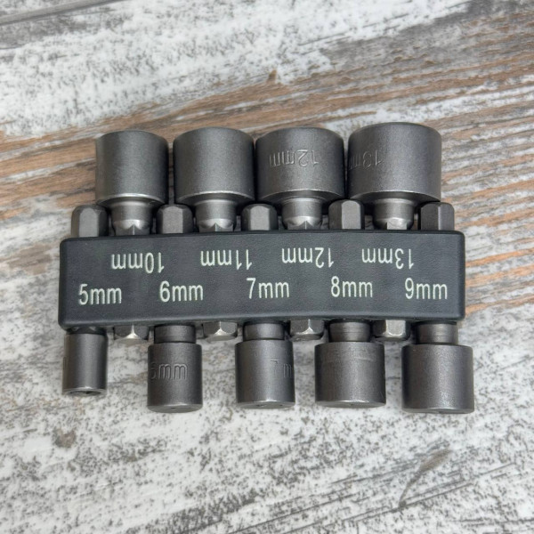 Набір торцевих головок 9шт 5-13мм, 1/4 для шуруповерта, насадки для болтів і гайок