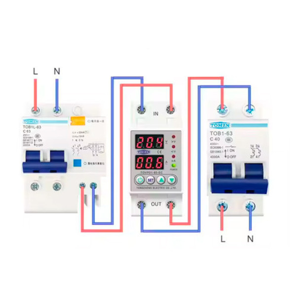 Реле захисту напруги і струму 220В 63А, TOMZN TOVPD1-60-EC з дисплеєм, монтаж 2DIN