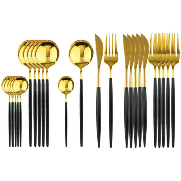 Набір столових приборів 24 предмети з нержавіючої сталі, золотий і чорний колір, преміум