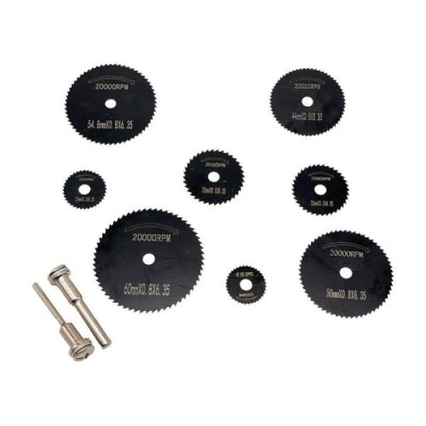 Набір дискових відрізних пил 8шт 22-60мм HSS чорні з тримачами для гравера