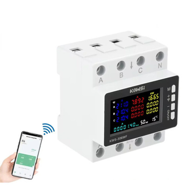 Wi-Fi лічильник електроенергії трифазний 220 В 80 А KWS-306WF на DIN-рейку із захистом та моніторингом