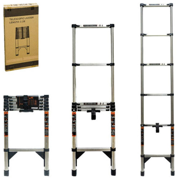 Драбина телескопічна 2.3м, приставна, нержавіюча сталь