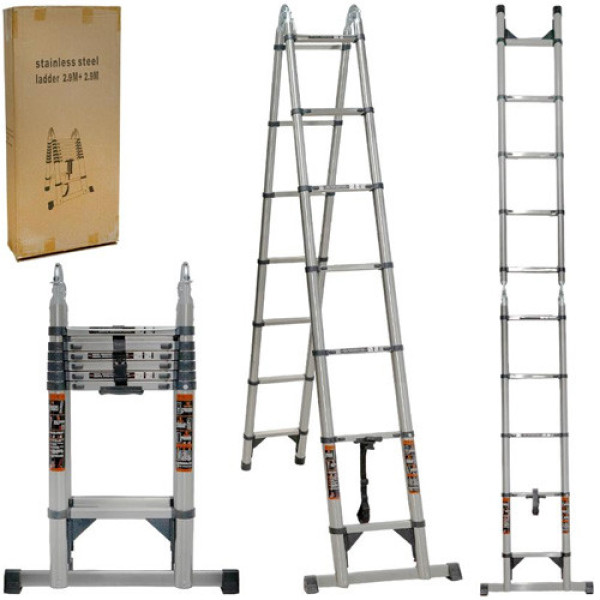 Драбина телескопічна 3.1м, приставна, нержавіюча сталь