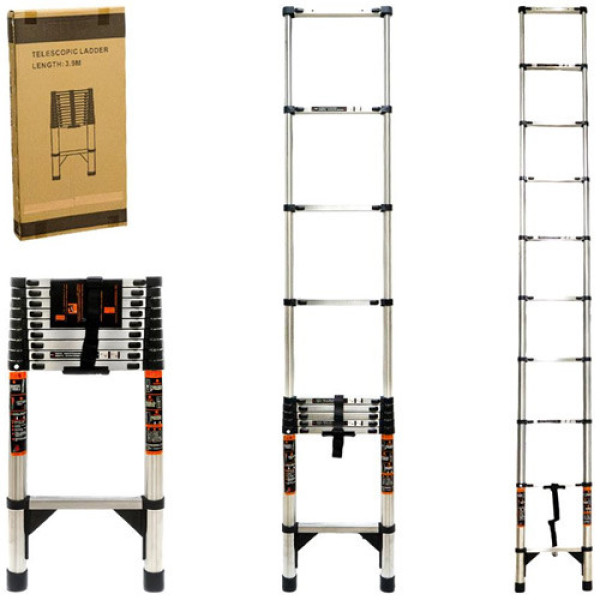 Драбина телескопічна 3.9м, приставна, нержавіюча сталь