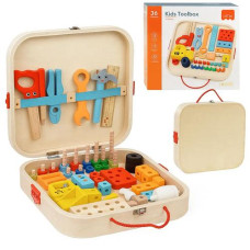 Дитячий конструктор Будівельник, набір інструментів у дерев’яному ящику, JHTOY-381