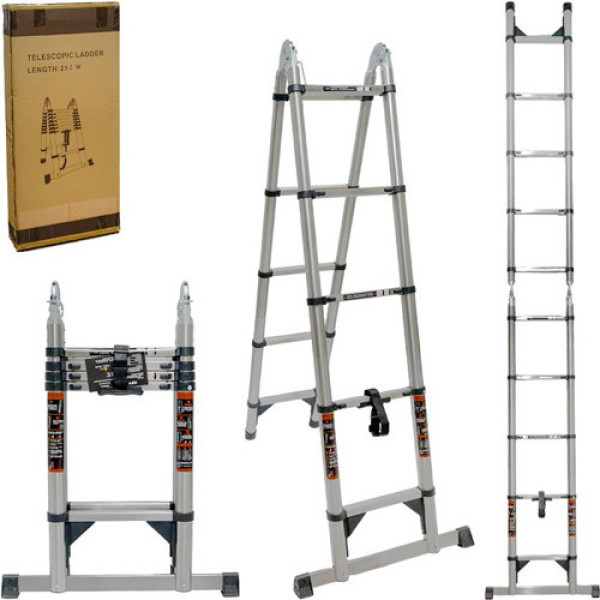 Драбина телескопічна 2.1м+2.1м, розкладна, нержавіюча сталь