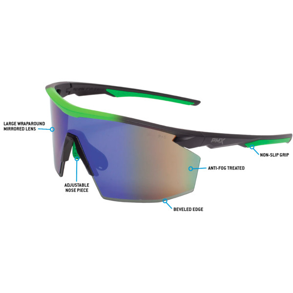 Окуляри захисні Pyramex PMXSPEC (green mirror) Anti-Fog, синьо-зелені дзеркальні лінзи в чорно-зеленій оправі
